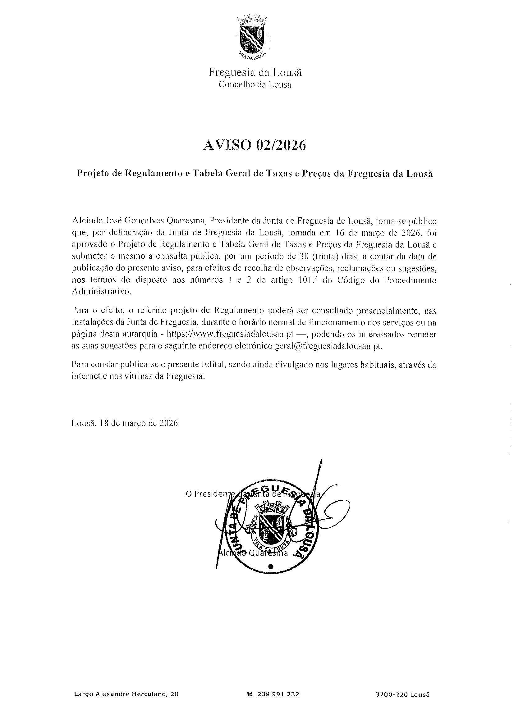 Aviso-no-2-2026-Regulamento-e-tabela-Geral-de-Taxas-informacao AVISO 02/2026-Projeto de Regulamento e Tabela Geral de Taxas e Preços da Freguesia da Lousã