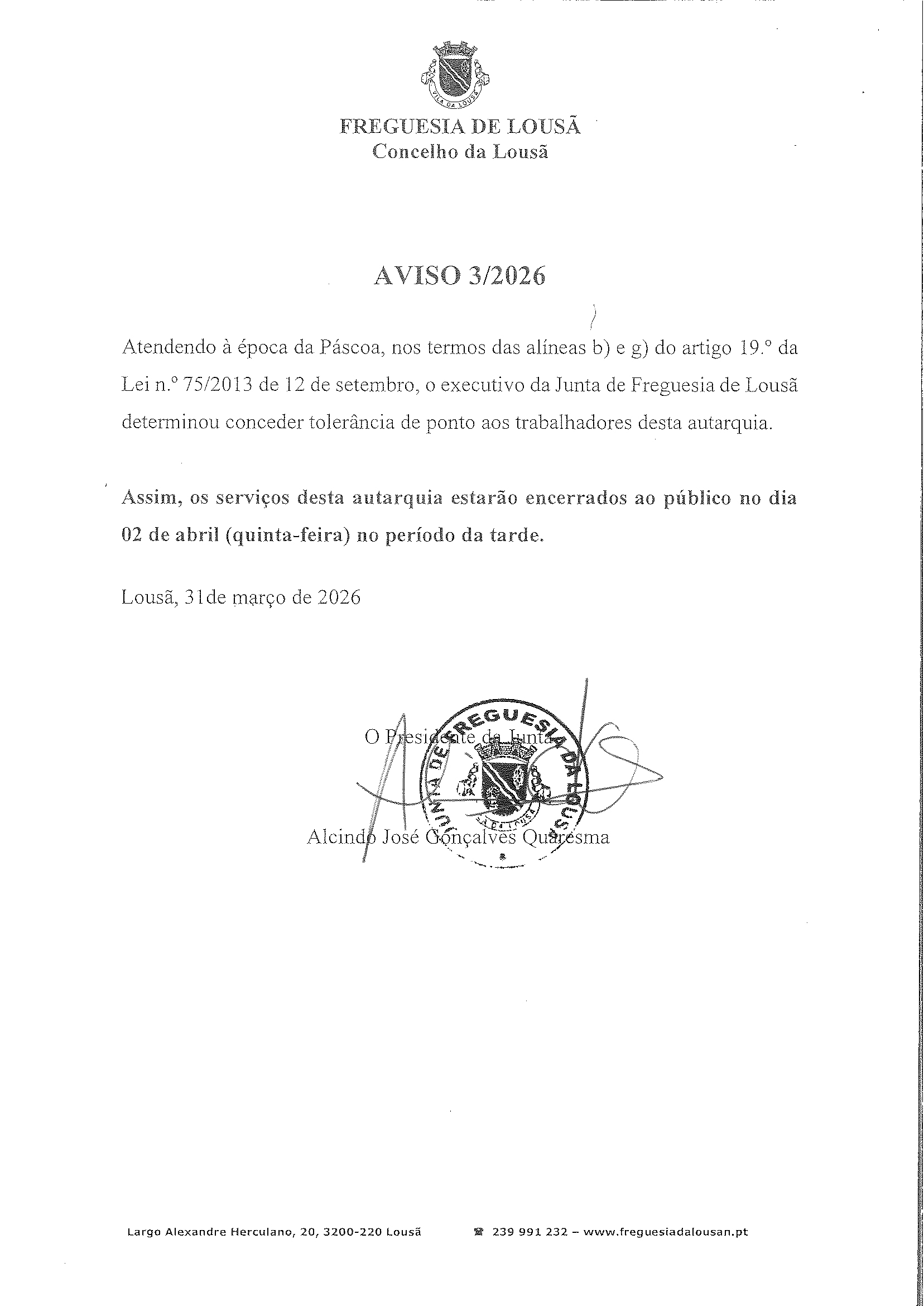 aviso-3_0001 AVISO 3/2026 - Tolerância Ponto - Páscoa