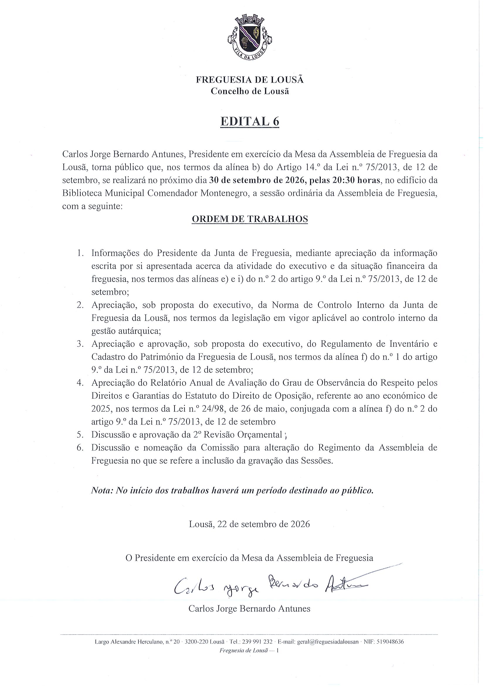 20260923184923523 EDITAL 6 - Sessão Ordinária da Assembleia de Freguesia 30-09-2026
